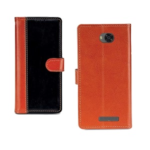 inktree lava a73 pu leather vintage flip cover case  premium leather finish  with card pockets  wallet stand complete protection cover for lava a73 - camel and black