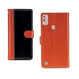 inktree lava beu pu leather vintage flip cover case  premium leather finish  with card pockets  wallet stand complete protection cover for lava beu - camel and black