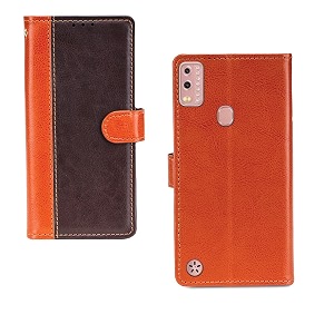 inktree lava beu case  premium leather finish  with card pockets  wallet stand complete protection cover for lava beu - camel and coffee