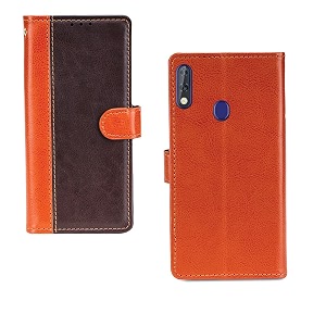 inktree lava z66 case  premium leather finish  with card pockets  wallet stand complete protection cover for lava z66 - camel and coffee