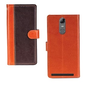 inktree lenovo k5 note case  premium leather finish  with card pockets  wallet stand complete protection cover for lenovo k5 note - camel and coffee