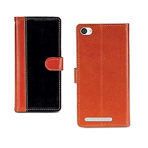 inktree lyf flame 1 pu leather vintage flip cover case  premium leather finish  with card pockets  wallet stand complete protection cover for lyf flame 1 - camel and black