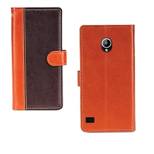 inktree lyf flame 2 case  premium leather finish  with card pockets  wallet stand complete protection cover for lyf flame 2 - camel and coffee