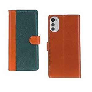 inktree moto e32s flip case  with card pockets  wallet stand complete protection flip cover for moto e32s - camel and green