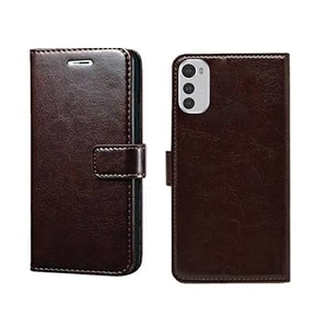 inktree moto e32s flip case  with card pockets  wallet stand complete protection flip cover for moto e32s - coffee