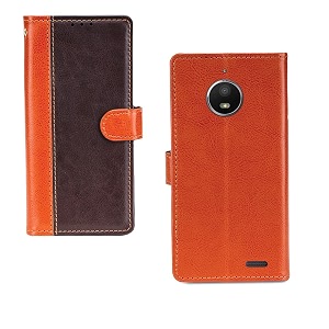 inktree moto e4 case  premium leather finish  with card pockets  wallet stand complete protection cover for moto e4 - camel and coffee