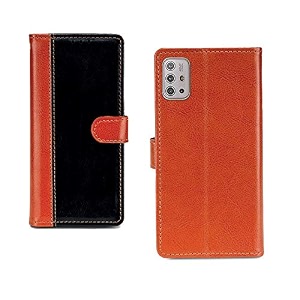 inktree moto g10 pu leather vintage flip cover case  premium leather finish  with card pockets  wallet stand complete protection cover for moto g10 - camel and black