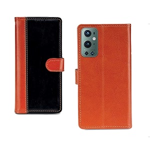 inktree oneplus 9 pro pu leather vintage flip cover case  premium leather finish  with card pockets  wallet stand complete protection cover for oneplus 9 pro - camel and black