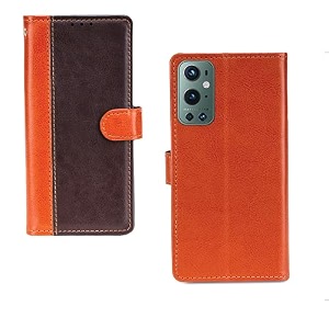 inktree oneplus 9 pro case  premium leather finish  with card pockets  wallet stand complete protection cover for oneplus 9 pro - camel and coffee