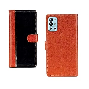 inktree oneplus 9r pu leather vintage flip cover case  premium leather finish  with card pockets  wallet stand complete protection cover for oneplus 9r - camel and black