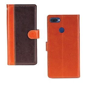 inktree oppo a11k case  premium leather finish  with card pockets  wallet stand complete protection cover for oppo a11k - camel and coffee