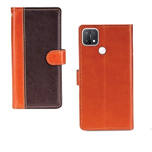 inktree oppo a15s pu leather vintage flip cover case  premium leather finish  with card pockets  wallet stand complete protection cover for oppo a15s - camel and coffee