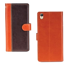 inktree oppo a37 case  premium leather finish  with card pockets  wallet stand complete protection cover for oppo a37 - camel and coffee