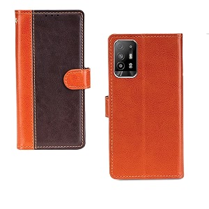 inktree oppo f19 pro plus case  premium leather finish  with card pockets  wallet stand complete protection cover for oppo f19 pro plus - camel and coffee