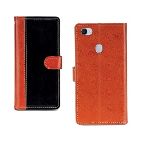 inktree oppo f7 pu leather vintage flip cover case  premium leather finish  with card pockets  wallet stand complete protection cover for oppo f7 - camel and black