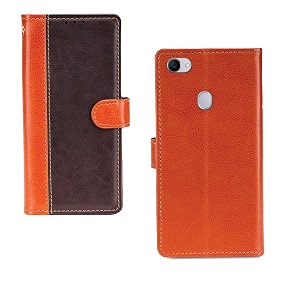 inktree oppo f7 case  premium leather finish  with card pockets  wallet stand complete protection cover for oppo f7 - camel and coffee