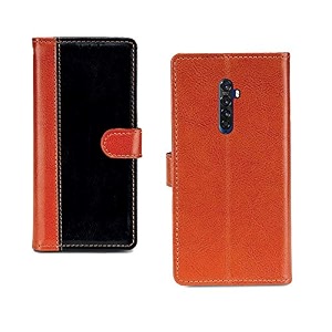 inktree oppo reno 2 pu leather vintage flip cover case  premium leather finish  with card pockets  wallet stand complete protection cover for oppo reno 2 - camel and black