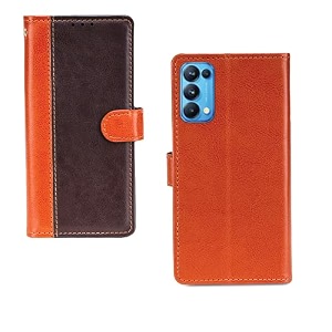 inktree oppo reno 5 pro case  premium leather finish  with card pockets  wallet stand complete protection cover for oppo reno 5 pro - camel and coffee