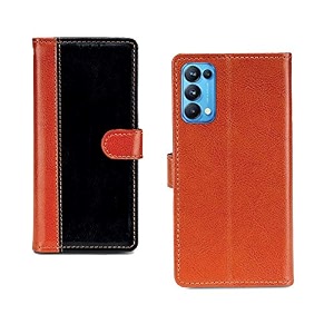 inktree oppo reno 5 pro pu leather vintage flip cover case  premium leather finish  with card pockets  wallet stand complete protection cover for oppo reno 5 pro - camel and black