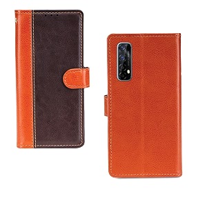 inktree realme 7 case  premium leather finish  with card pockets  wallet stand complete protection cover for realme 7 - camel and coffee