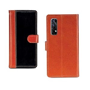 inktree realme 7 pu leather vintage flip cover case  premium leather finish  with card pockets  wallet stand complete protection cover for realme 7 - camel and black