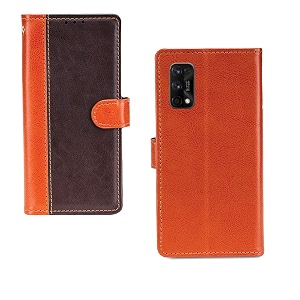 inktree realme 7 pro case  premium leather finish  with card pockets  wallet stand complete protection cover for realme 7 pro - camel and coffee