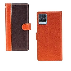 inktree realme 8 pro case  premium leather finish  with card pockets  wallet stand complete protection cover for realme 8 pro - camel and coffee