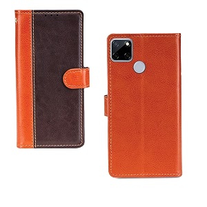 inktree realme c12 case  premium leather finish  with card pockets  wallet stand complete protection cover for realme c12 - camel and coffee