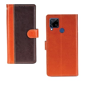 inktree realme c15 case  premium leather finish  with card pockets  wallet stand complete protection cover for realme c15 - camel and coffee