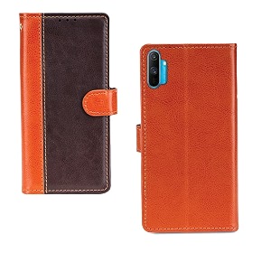 inktree realme c3 case  premium leather finish  with card pockets  wallet stand complete protection cover for realme c3 - camel and coffee