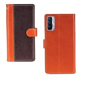 inktree realme x7 case  premium leather finish  with card pockets  wallet stand complete protection cover for realme x7 - camel and coffee
