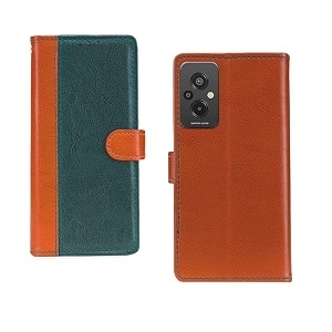 inktree redmi 11 prime 4g flip case  premium leather finish flip cover  with card pockets  wallet stand complete protection flip cover for redmi 11 prime 4g - camel and green
