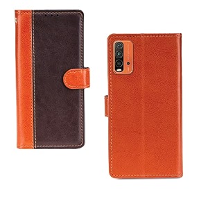inktree redmi 9 power case  premium leather finish  with card pockets  wallet stand complete protection cover for redmi 9 power - camel and coffee