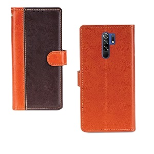 inktree redmi 9 prime case  premium leather finish  with card pockets  wallet stand complete protection cover for redmi 9 prime - camel and coffee