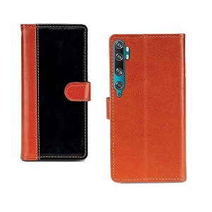inktree redmi note 10 pro pu leather vintage flip cover case  premium leather finish  with card pockets  wallet stand complete protection cover for redmi note 10 pro - camel and black