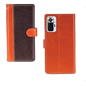 inktree redmi note 10 pro max case  premium leather finish  with card pockets  wallet stand complete protection cover for redmi note 10 pro max - camel and coffee