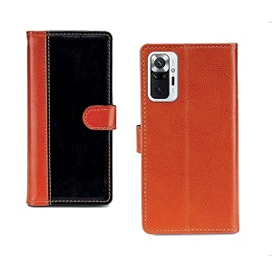 inktree redmi note 10 pro max pu leather vintage flip cover case  premium leather finish  with card pockets  wallet stand complete protection cover for redmi note 10 pro max - camel and black