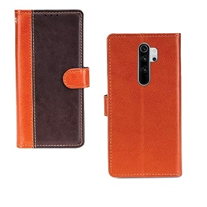 inktree redmi note 8 pro case  premium leather finish  with card pockets  wallet stand complete protection cover for redmi note 8 pro - camel and coffee