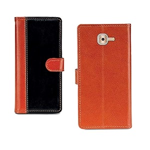 inktree samsung galaxy on 7 max case  premium leather finish  with card pockets  wallet stand complete protection cover for samsung galaxy on 7 max - camel and black
