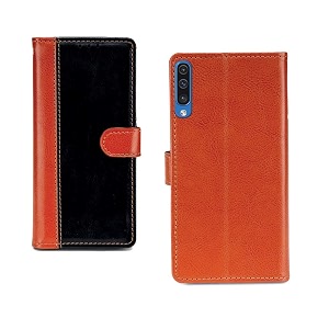 inktree samsung galaxy a50 pu leather vintage flip cover case  premium leather finish  with card pockets  wallet stand complete protection cover for samsung galaxy a50 - camel and black