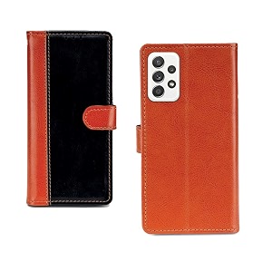 inktree samsung galaxy a52 pu leather vintage flip cover case  premium leather finish  with card pockets  wallet stand complete protection cover for samsung galaxy a52 - camel and black