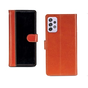 inktree samsung galaxy a72 pu leather vintage flip cover case  premium leather finish  with card pockets  wallet stand complete protection cover for samsung galaxy a72 - camel and black