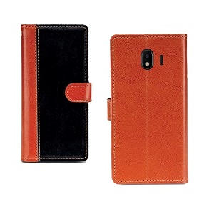 inktree samsung galaxy j4 case  premium leather finish  with card pockets  wallet stand complete protection cover for samsung galaxy j4 - camel and black