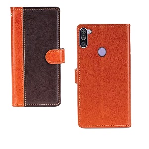 inktree samsung galaxy m11 case  premium leather finish  with card pockets  wallet stand complete protection cover for samsung galaxy m11 - camel and coffee
