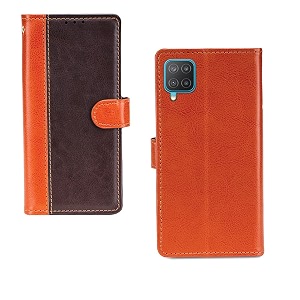 inktree samsung galaxy m12 case  premium leather finish  with card pockets  wallet stand complete protection cover for samsung galaxy m12 - camel and coffee