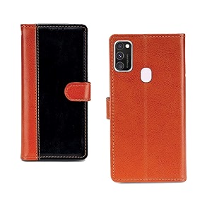inktree samsung galaxy m30s pu leather vintage flip cover case  premium leather finish  with card pockets  wallet stand complete protection cover for samsung galaxy m30s - camel and black