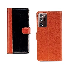 inktree samsung galaxy note 20 ultra case  premium leather finish  with card pockets  wallet stand complete protection cover for samsung galaxy note 20 ultra - camel and black