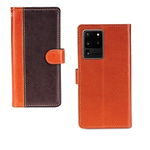 inktree samsung galaxy s20 ultra case  premium leather finish  with card pockets  wallet stand complete protection cover for samsung galaxy s20 ultra - camel and coffee
