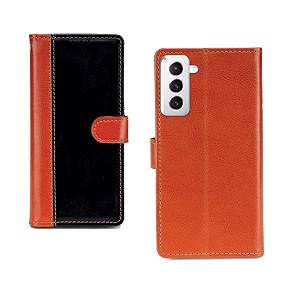 inktree samsung galaxy s21 pu leather vintage flip cover case  premium leather finish  with card pockets  wallet stand complete protection cover for samsung galaxy s21 - camel and black