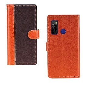 inktree tecno camon 15 case  premium leather finish  with card pockets  wallet stand complete protection cover for tecno camon 15 - camel and coffee